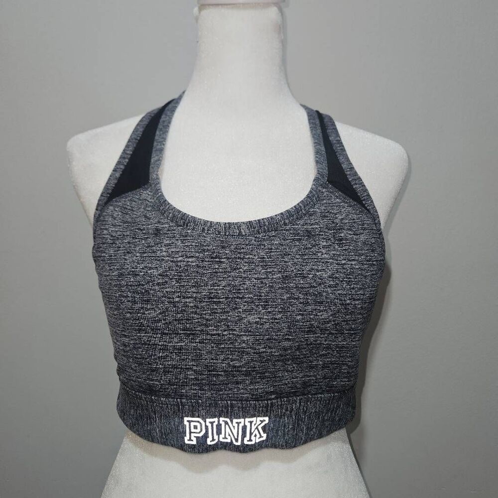 PINK Womens Sports Bra Ultimate Gray Black Lightly Lined Racerback Size Large